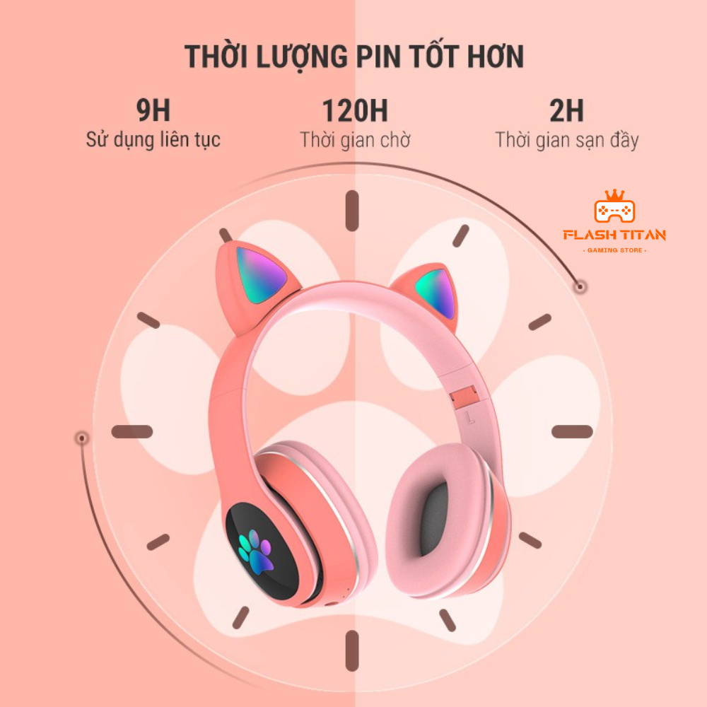 Tai nghe bluetooth tai mèo - có mic Headphone tai mèo dễ thương, âm bass mạnh mẽ, dung lượng pin khủng - Led 7 màu