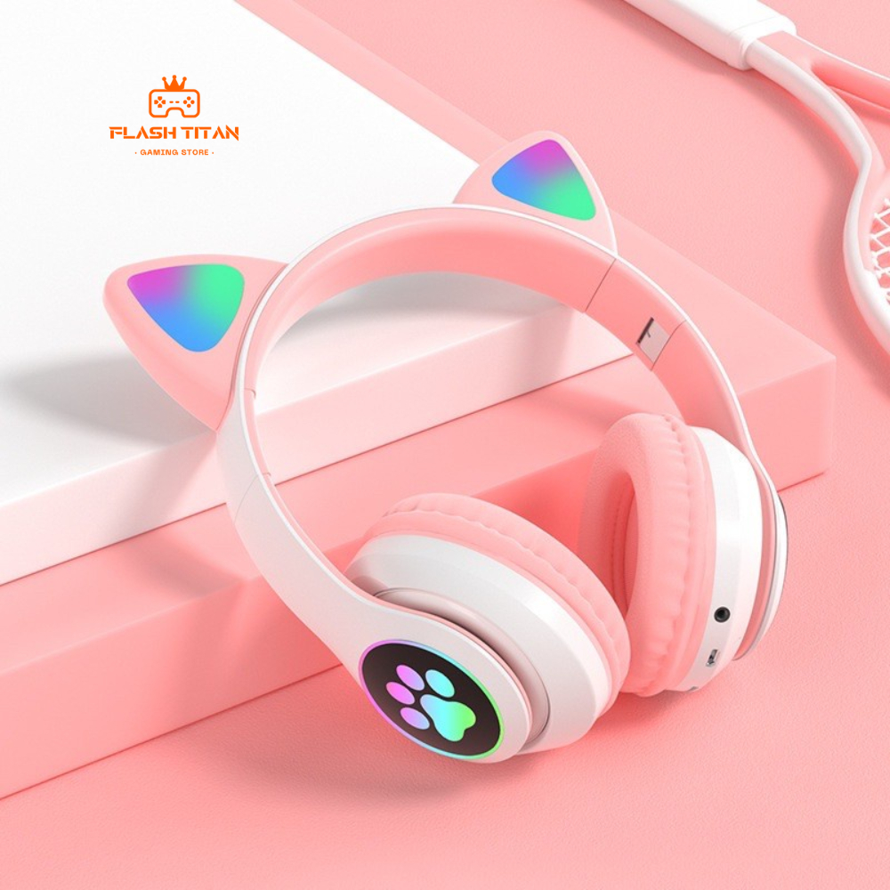 Tai nghe bluetooth tai mèo - có mic Headphone tai mèo dễ thương, âm bass mạnh mẽ, dung lượng pin khủng - Led 7 màu