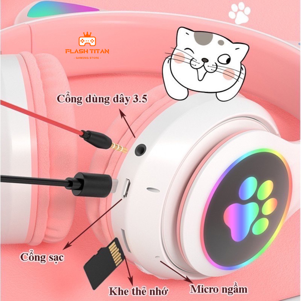 Tai nghe bluetooth tai mèo - có mic Headphone tai mèo dễ thương, âm bass mạnh mẽ, dung lượng pin khủng - Led 7 màu