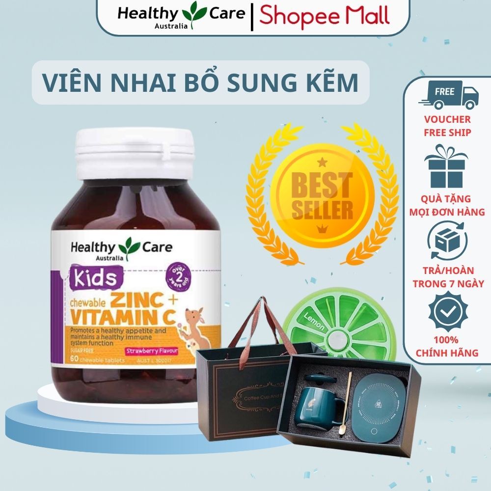 Viên nhai bổ sung kẽm và vitamin C Healthy Care Kids Chewable 60 viên vị dâu