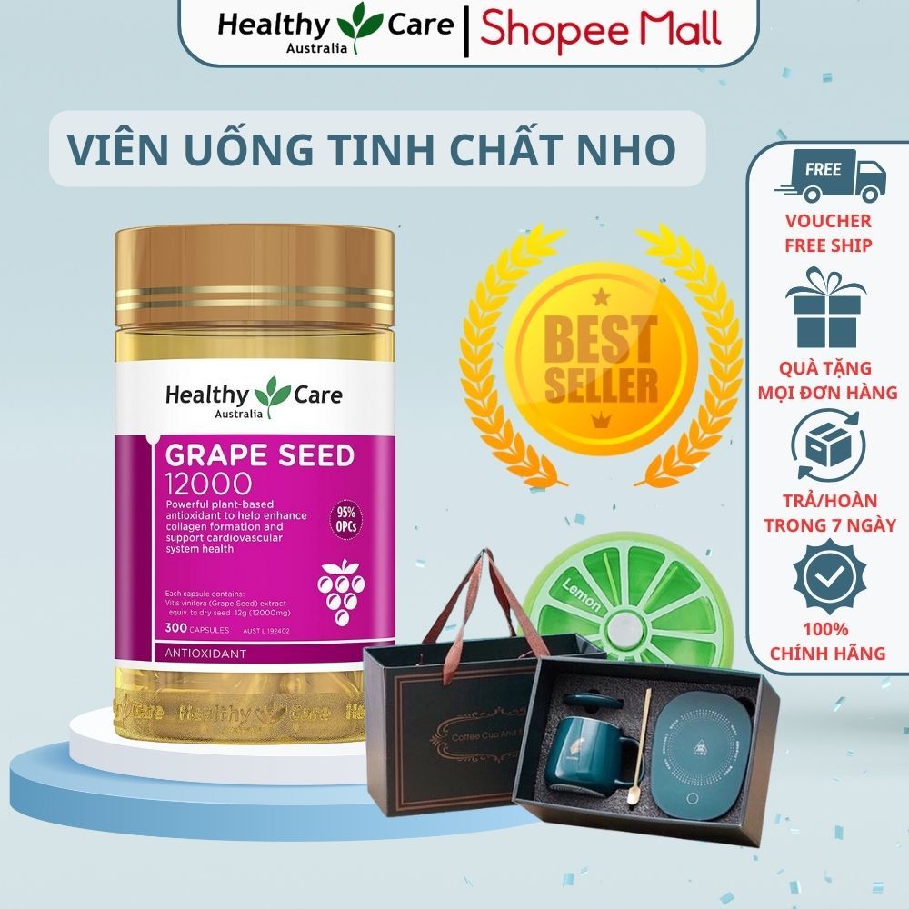 Viên uống tinh chất nho Healthy Care Grape Seed 12000mg giúp lưu thông máu 300 viên