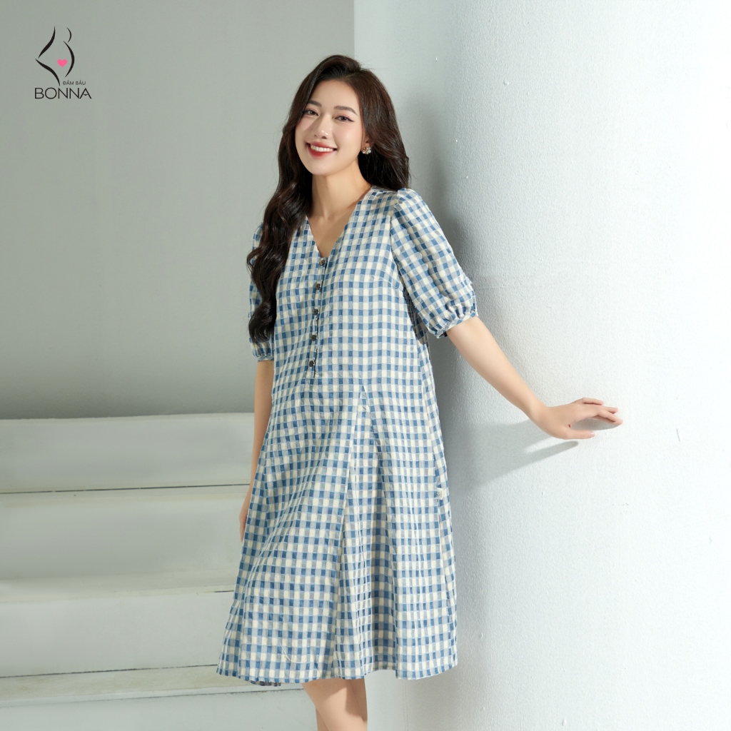 Đầm bầu thiết kế BONNA chất vải thô cotton cao cấp, cổ V basic, dáng xòe dễ mặc, phù hợp mặc đi làm, đi chơi VS442
