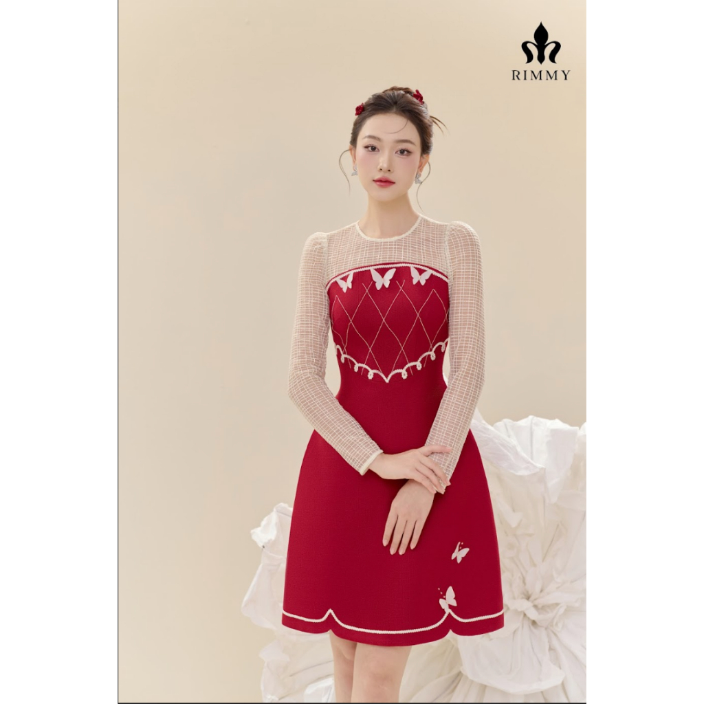 Đầm thiết kế đỏ thêu hoạ tiết lãng mạn, cầu kì, phối tay tơ Belinda Dress by RIMMY