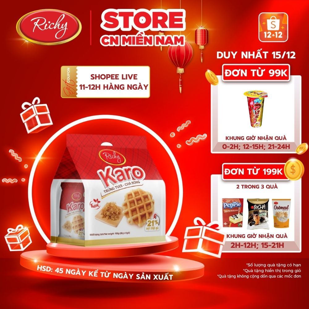 Bánh trứng tươi - chà bông KARO Richy Sợi thịt gà bịch 6 chiếc 156gr