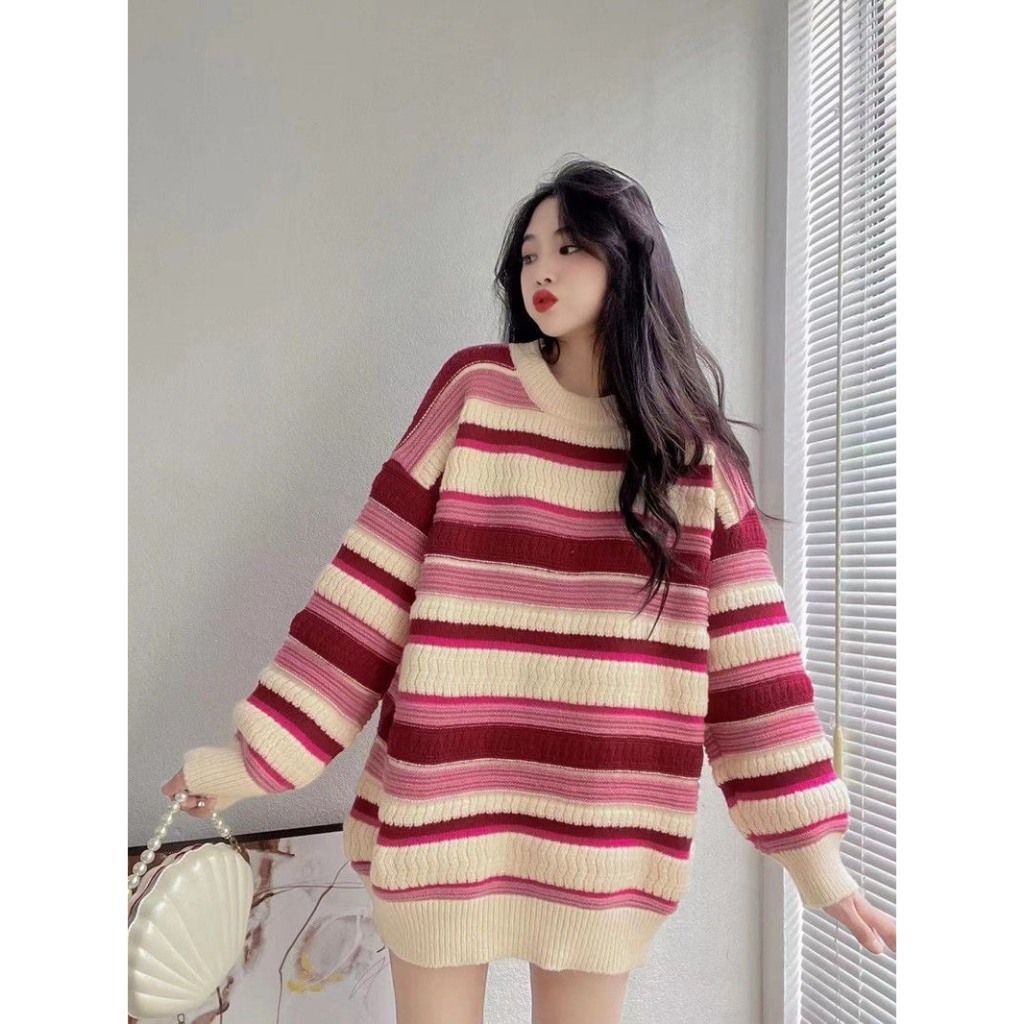Áo Len Tay Dài Cổ Tròn Dáng Dài From Rộng, áo len Phối Họa Tiết Màu Tương Phản Dễ Phối Đồ siêu dễ thương N04