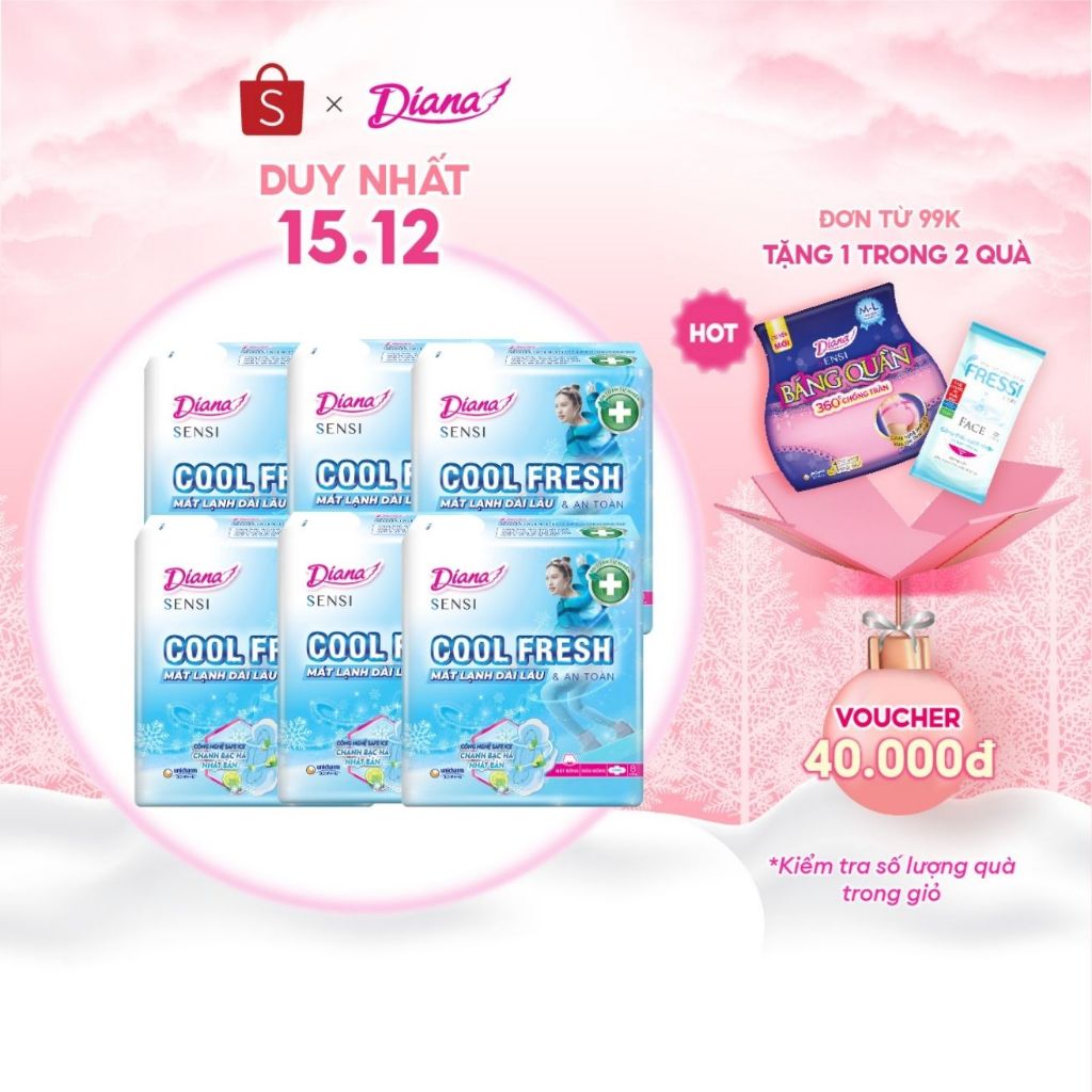 Bộ 6 gói băng vệ sinh Diana SenSi Cool Fresh siêu mỏng cánh gói 8 miếng