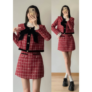 Set dạ kẻ đính nơ tiểu thư kèm chân váy chữ A - Retrostyle - Setdake979_P0K15