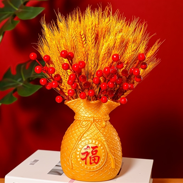 Set Bình Cắm Hoa Túi Tiền Resin May Mắn Kèm Cành Đào Đông Đỏ Và Lúa Mạch Vàng