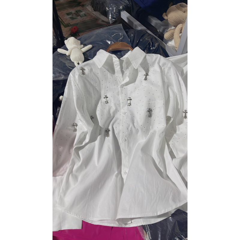 Áo sơ mi dài tay full đá thập ảnh thật