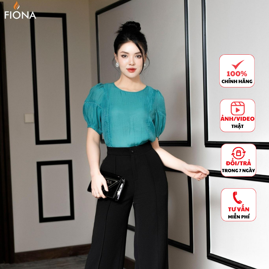 Áo sơ mi nữ FIONA dáng suông cổ tròn áo sơ mi kiểu cao cấp thân trước và tay kẹp ren trẻ trung F513134