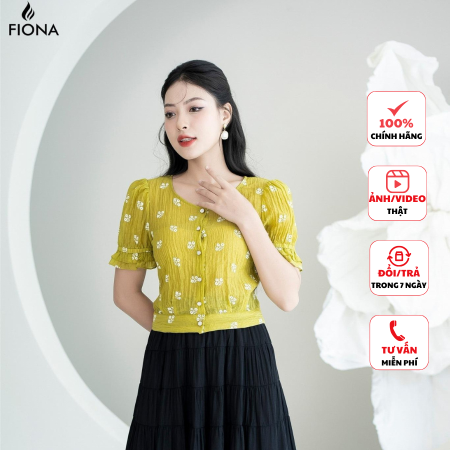Áo sơ mi nữ FIONA bo gấu áo sơ mi kiểu cổ tròn thiết kế cao cấp nẹp mở thân trước tay bèo trang trí trẻ trung F513102