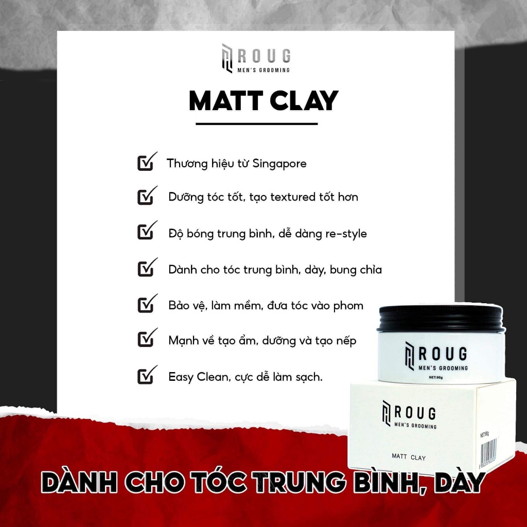 Sáp vuốt tóc nam Roug Matt Clay 90g chính hãng