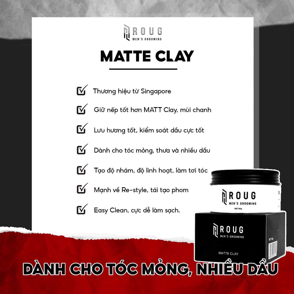 Sáp vuốt tóc nam Roug Matte Clay 90g chính hãng