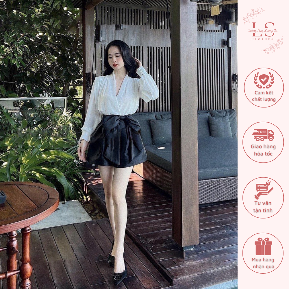 Set áo lụa trắng nhún mix quần đen vạt chéo chất tacta buộc nơ eo cực sang chảnh size SM
