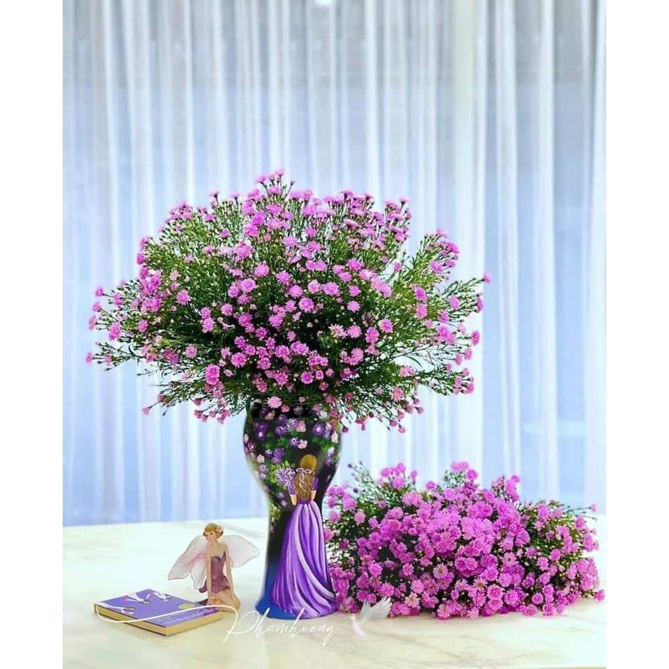 Bình hoa cô gái màu tím vẽ thủ công 3D cao cấp, lọ hoa gốm sứ Bát Tràng decor trang trí phòng khách, bàn tiệc sang trọng