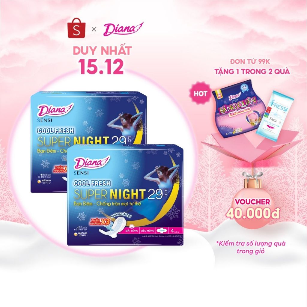 Bộ 2 gói băng vệ sinh Diana Sensi Cool Fresh Night 29cm 4 miếng/gói