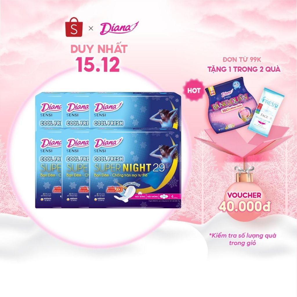 Bộ 6 gói băng vệ sinh Diana Sensi Cool Fresh Night 29cm 4 miếng/gói