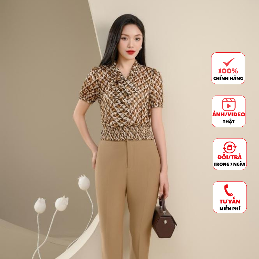 Áo sơ mi FIONA thiết kế bo gấu sơ mi nữ công sở tay ngắn cổ buộc nơ trẻ trung F513079