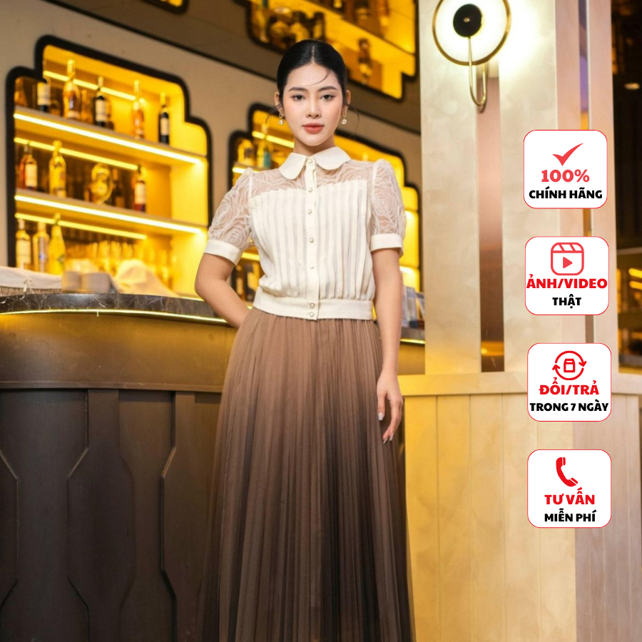 Áo sơ mi nữ FIONA dáng bo gấu sơ mi kiểu công sở thân trước may ly xếp cúp ngực và tay phối ren lưới hoa hồng F513057