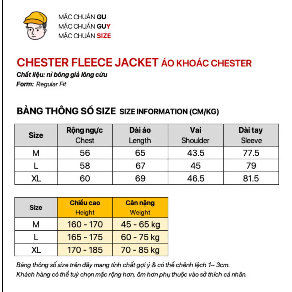 Áo Khoác Nỉ Bông Giữ Nhiệt Fleece Chester Jacket GUY's Closet - Chất Nỉ Bông Lông Cừu Cao Cấp, Năng Động, Siêu Ấm