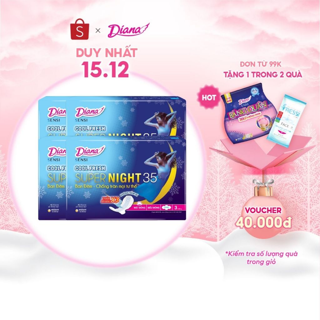 Bộ 4 gói băng vệ sinh Diana Sensi Cool Fresh Supernight 35cm 3 miếng/gói (New)