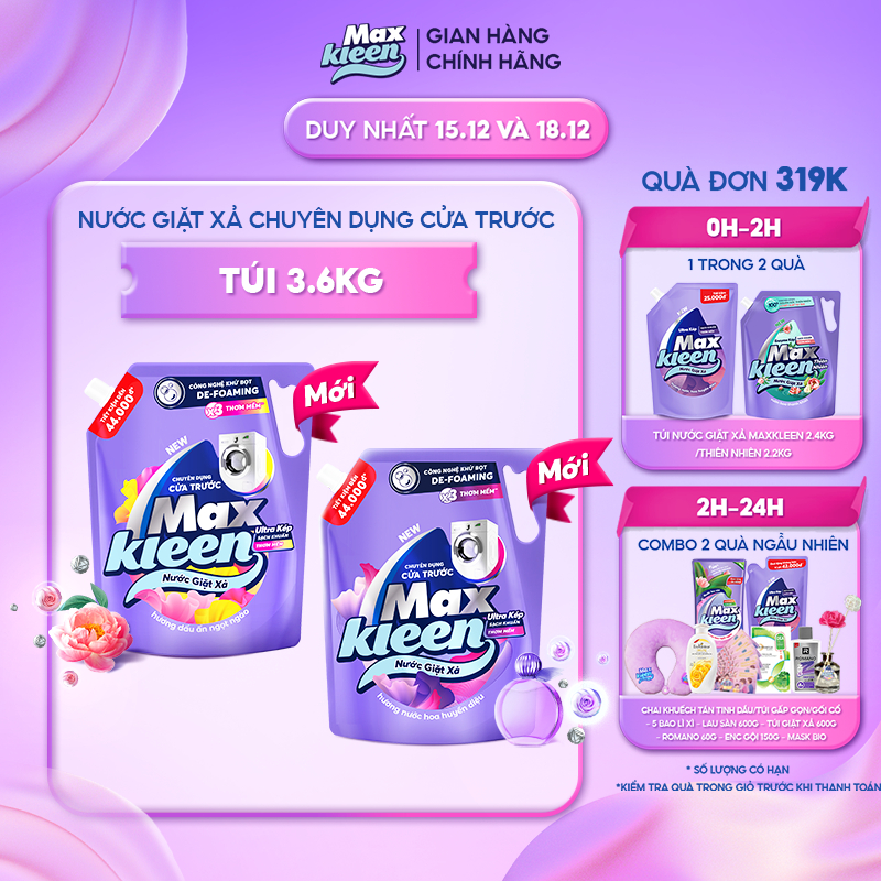 Túi Nước Giặt Xả MaxKleen chuyên dụng Cửa Trước 3.6kg Hương Nước hoa huyền diệu/Dấu ấn ngọt ngào (MỚI)