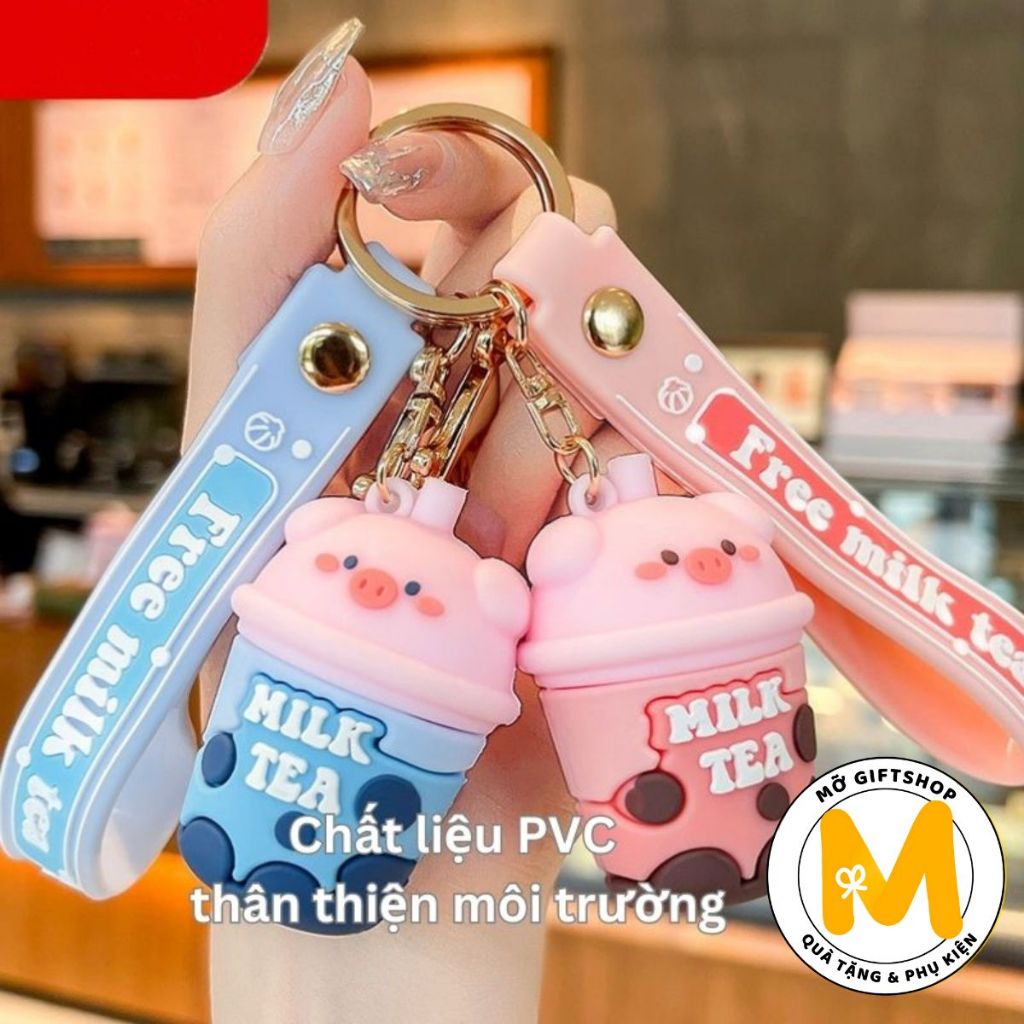 Móc khoá cặp trà sữa dễ thương hình heo