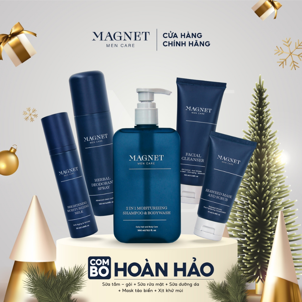 Combo Hoàn Hảo Magnet Mencare Sữa Tắm Gội 300ml & Sữa Rửa Mặt 100ml & Sữa Dưỡng 50ml & Xịt Khuẩn 120ml & Mặt Nạ Tẩy TBC