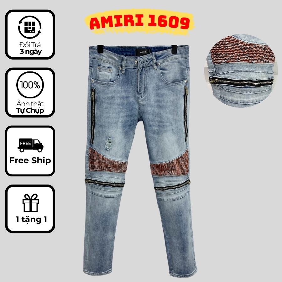 Quần jeans Amiri xanh vá chun gối chất denim dày dặn,quần bò nam Amiri xanh dáng côn vá chun hàng quảng châu [1609]