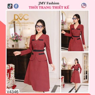 V4346 Váy đầm kẻ đỏ viền đen cổ V dài tay sang chảnh [Dolce Viva Colection (DVC)] váy kẻ đen đỏ dáng A công sở