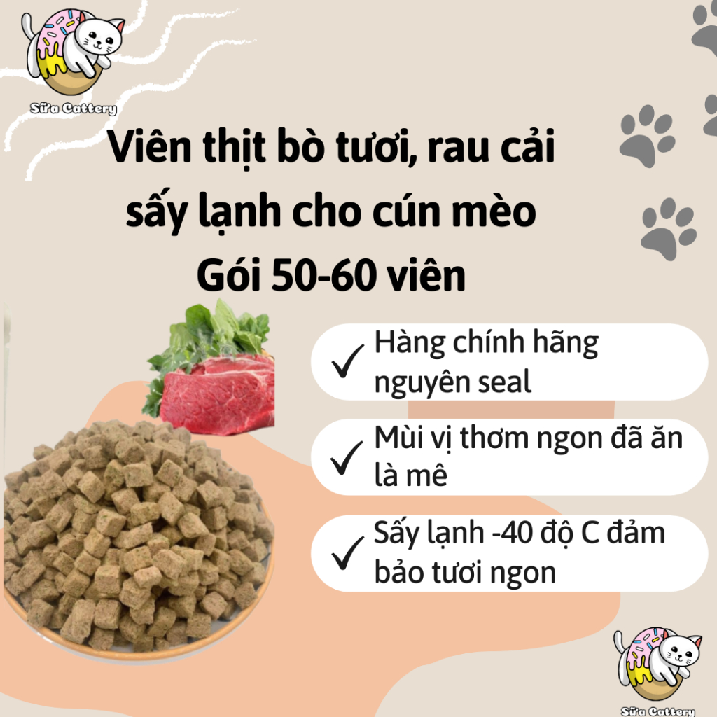 Viên thịt bò, rau cải ngọt sấy cho thú cưng, bổ sung protein, taurine, chất xơ, cải thiện táo bón cho thú cưng