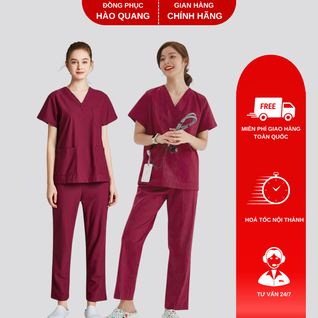 Bộ scrubs cổ tim bác sĩ, spa, thẩm mỹ HÀO QUANG nam nữ màu đỏ đô hàng Cao Cấp