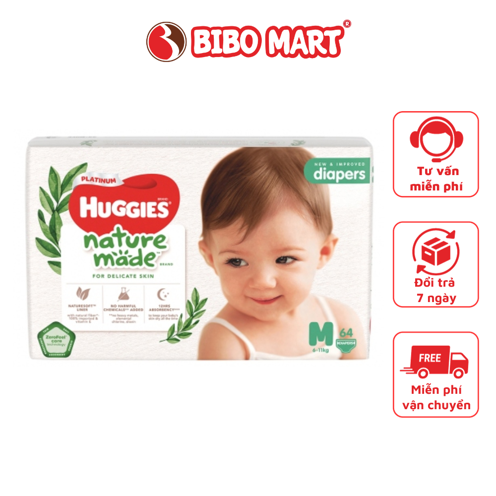 Tã Dán Huggies Platinum Nature Made Thấm Hút Khóa Tràn Vượt Trội Size M 64 Miếng (Cho Bé Từ 6-11kg) - Bibo Mart