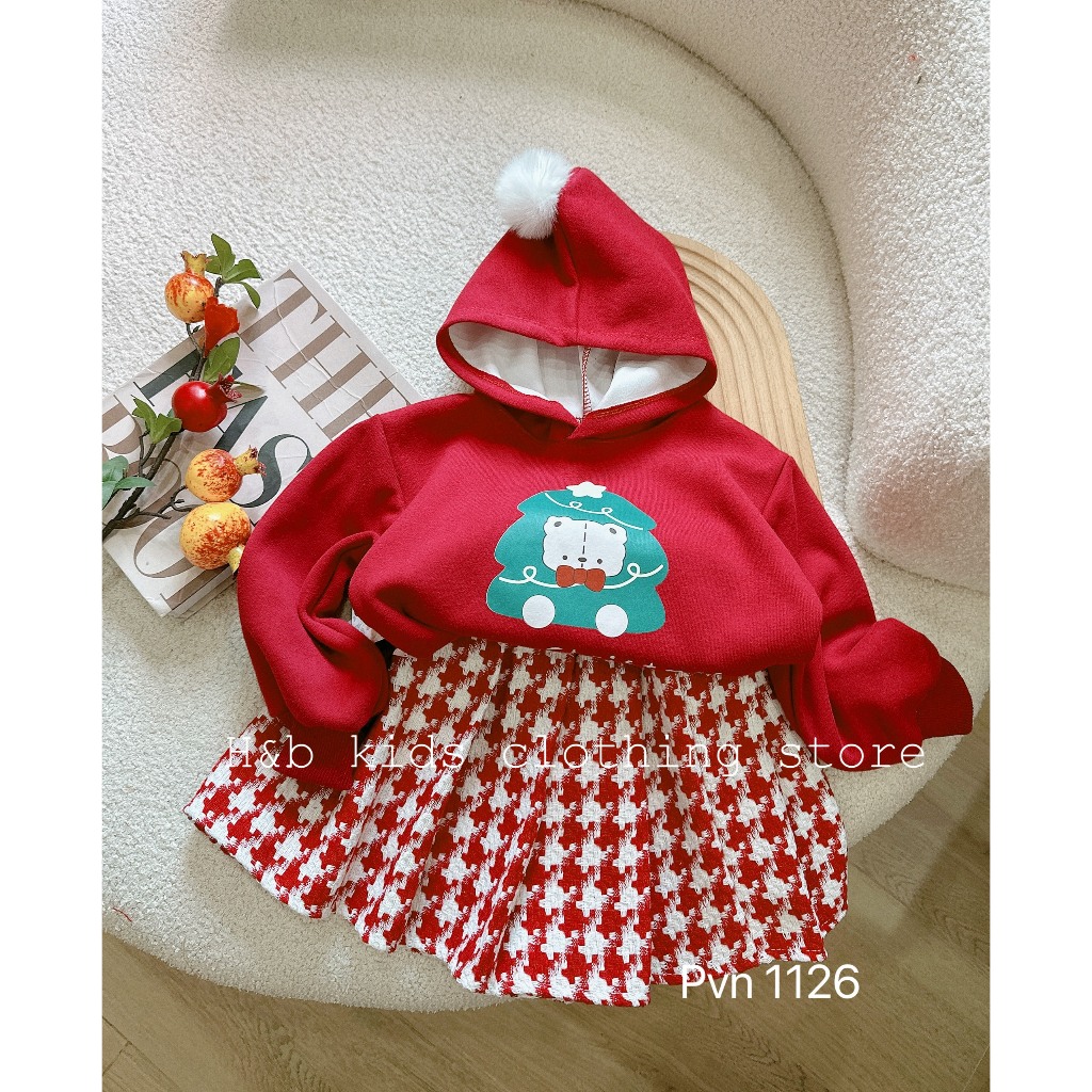 Váy bé gái , sét bộ chân váy dạ ziczac phối áo nỉ 2 da cho bé diện noel