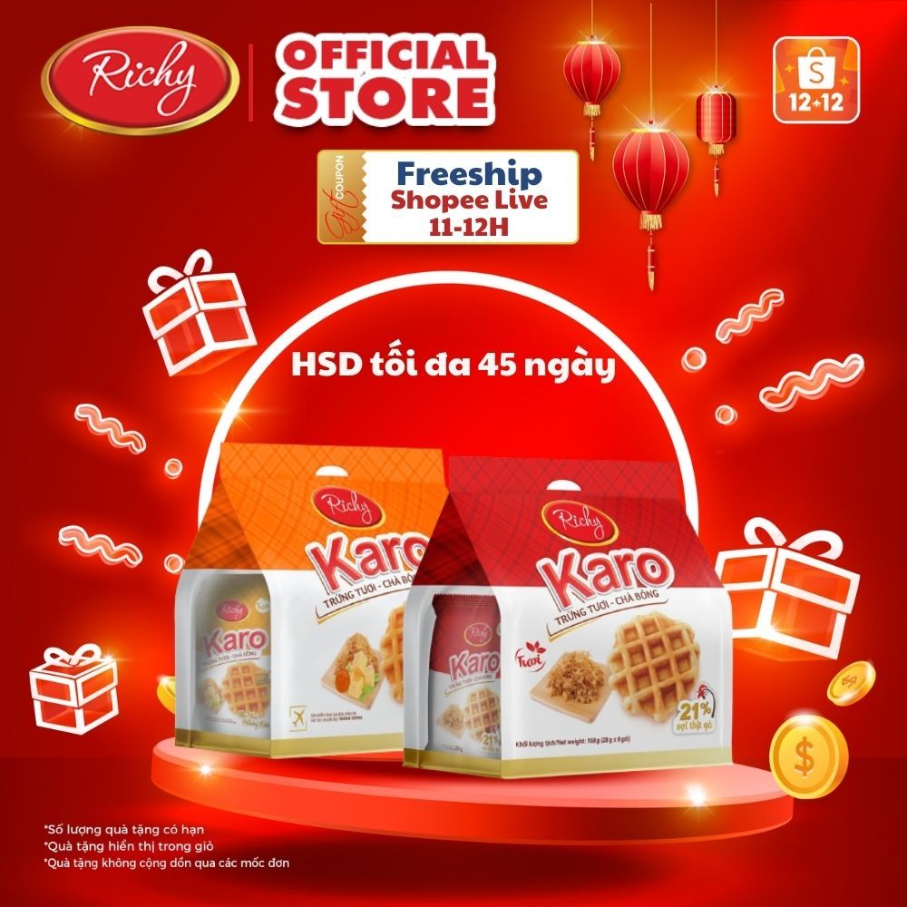 [HCM]Combo 4 bịch bánh Karo Richy trứng tươi chà bông sợi gà và phô mai hoàng kim