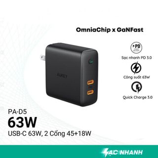 Củ sạc nhanh 63w aukey pa-d5 - 2 cổng usb-c - chân dẹt gập