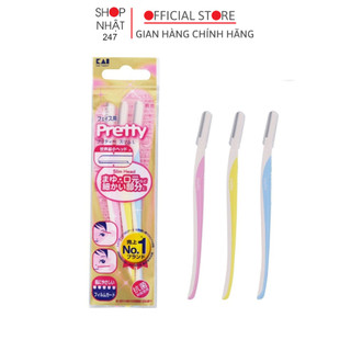 Set 3 dao cạo lông mày Pretty KAI cán dài uốn theo dáng lông mày nội địa Nhật Bản - Kokubo