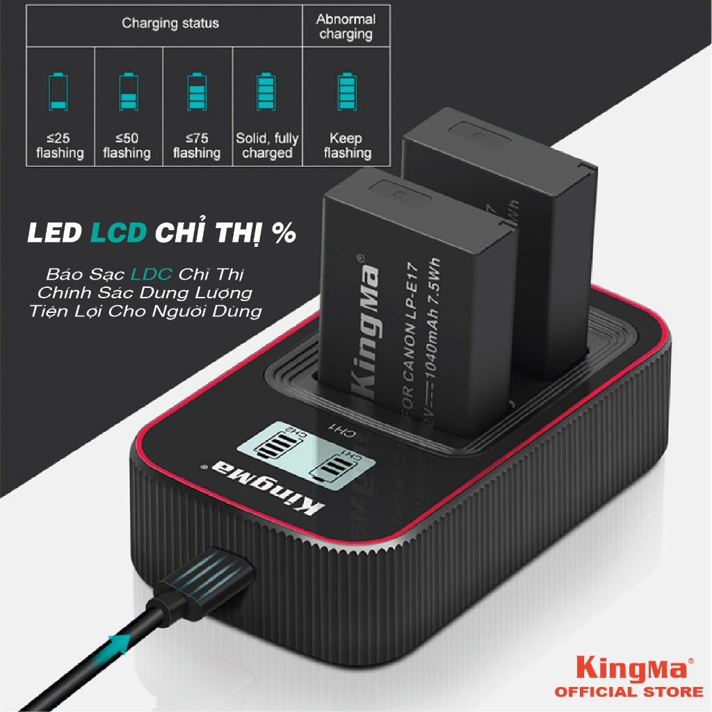 Bộ 2 Pin + Sạc Đôi LP-E17 Chính Hãng KINGMA. Dung Lượng 1040mAh. Phiên Bản Mới Nhất V3 ( Bảo Hành 12 Tháng )