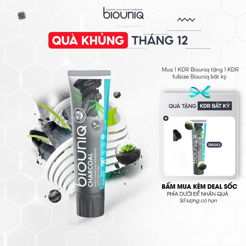 [MUA 1 TẶNG 1]  Kem Đánh Răng Làm Trắng Răng BIOUNIQ Charcoal  Nano Than Hoạt Tính Làm Trắng Tới 2 Tone Sau 4 Tuần 100G