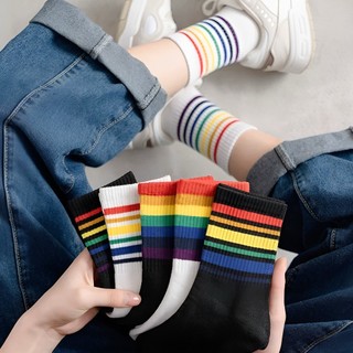 COMBO 5 đôi tất cổ cao phối sọc cầu vồng CHIPXINHXK chất liệu mềm mịn, co giãn thoải mái