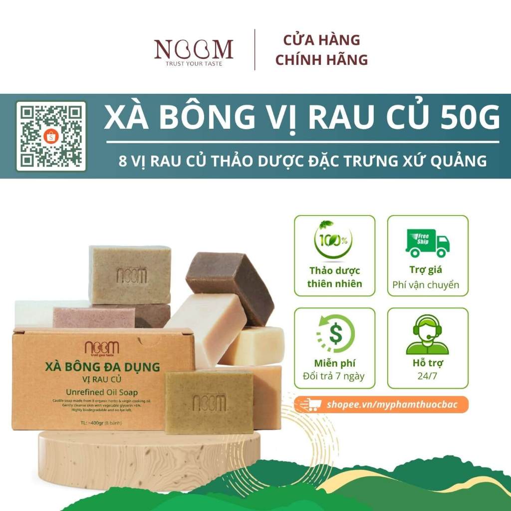 Xà bông đa dụng vị rau củ Noom 50g với 8 mùi thảo dược tự nhiên làm sạch cơ thể, giữ ẩm, dưỡng da, mịn da, làm sạch tóc