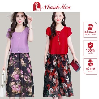 Đầm trung niên (Đẹp xinh) Đầm xòe giả kiểu rời in họa tiết hoa-13451