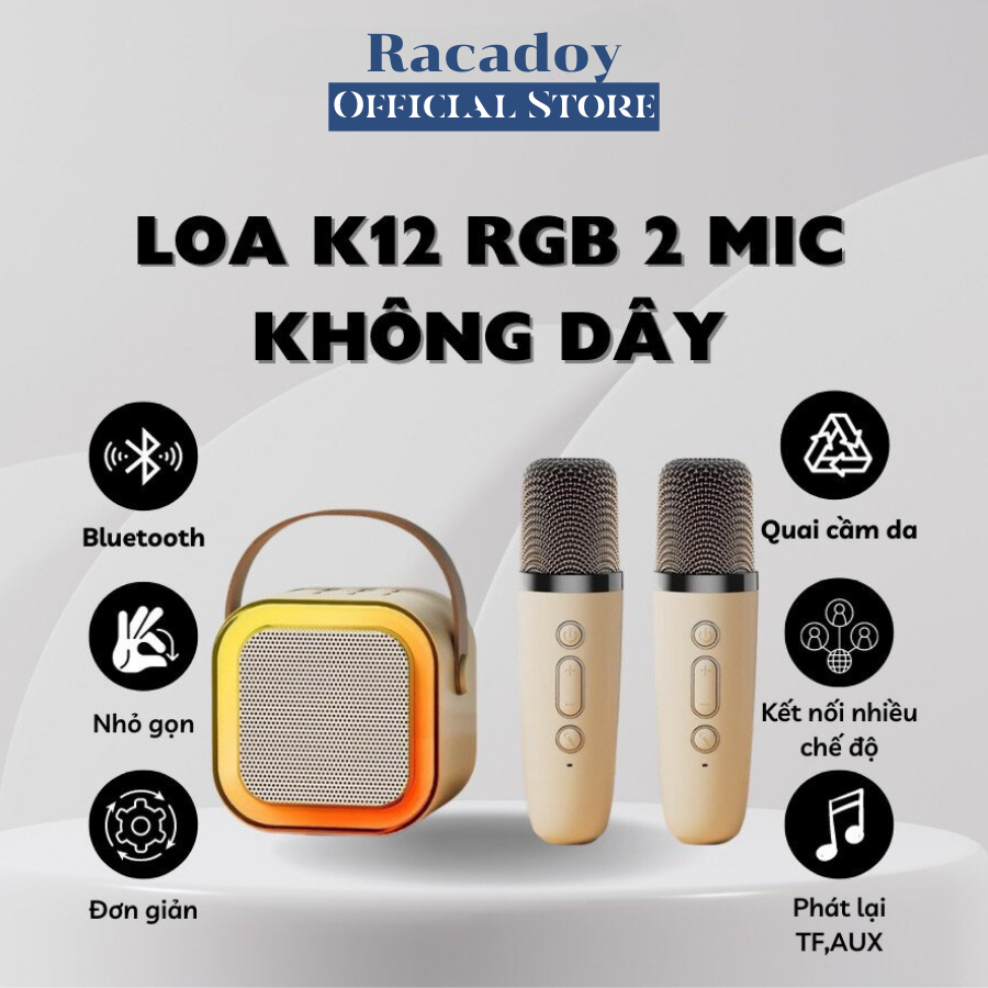 Loa karaoke mini có bluetooth K12 Không Dây  Kèm 2 Micro Thiết Kế Nhỏ Gọn Tiện Dụng Racadoy Store Official _ LOA K12