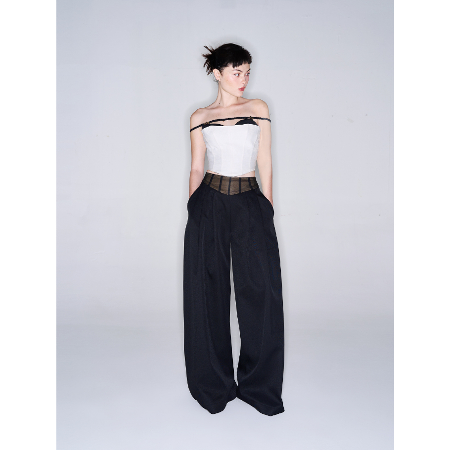 COCO SIN - Quần Kaki Đen Ống Rộng Phối Lưng