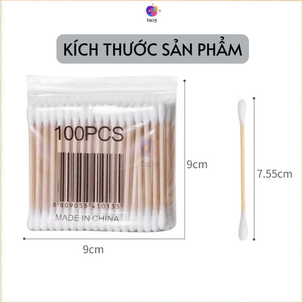 100 Tăm bông ngoáy tai, bông tăm ngoáy tai thân gỗ tre, bông ngoáy tai khử trùng - Dacigi