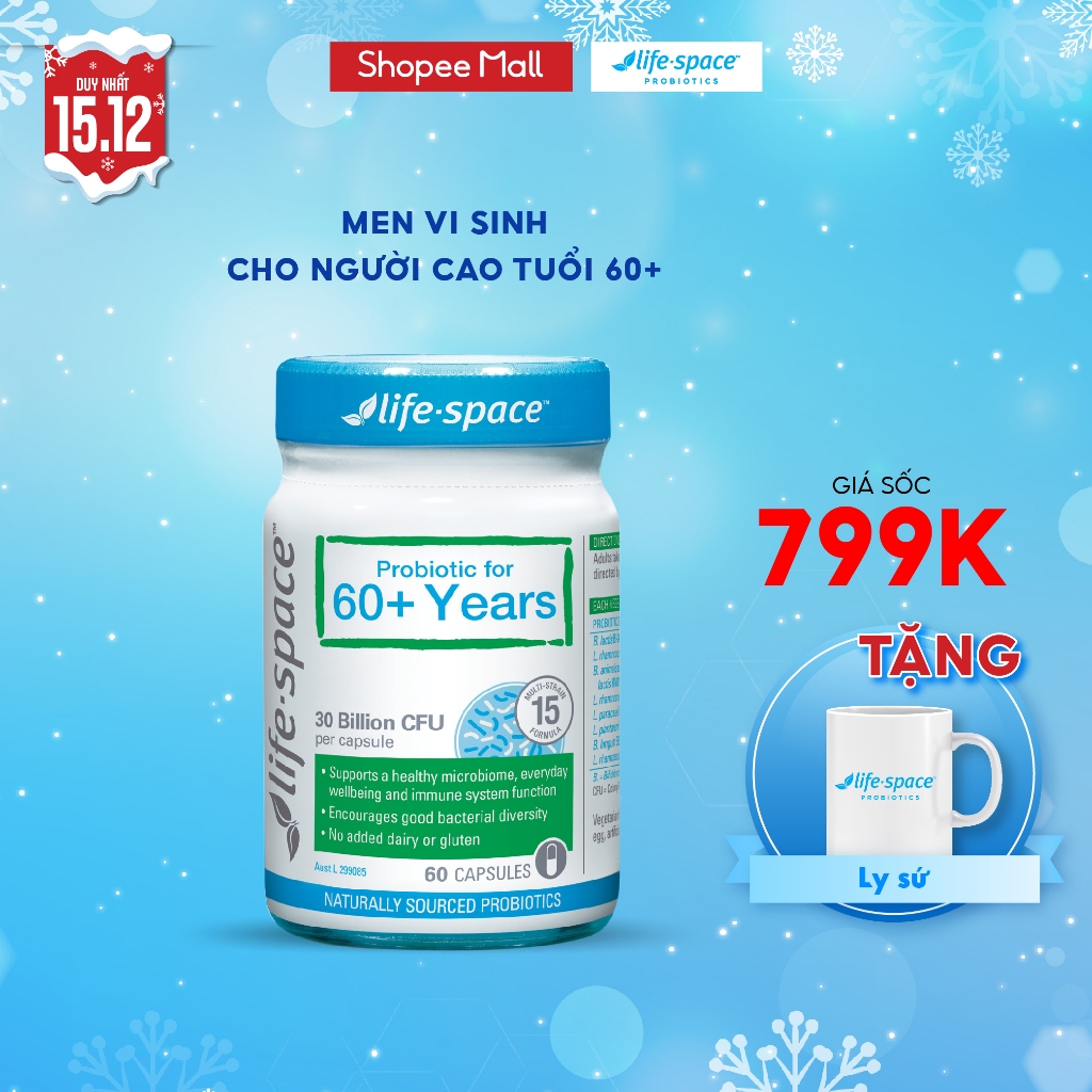 Men vi sinh Life Space 60+ hỗ trợ tim mạch, hỗ trợ tiêu hóa và tăng cường miễn dịch cho người lớn tuổi lọ 60 viên