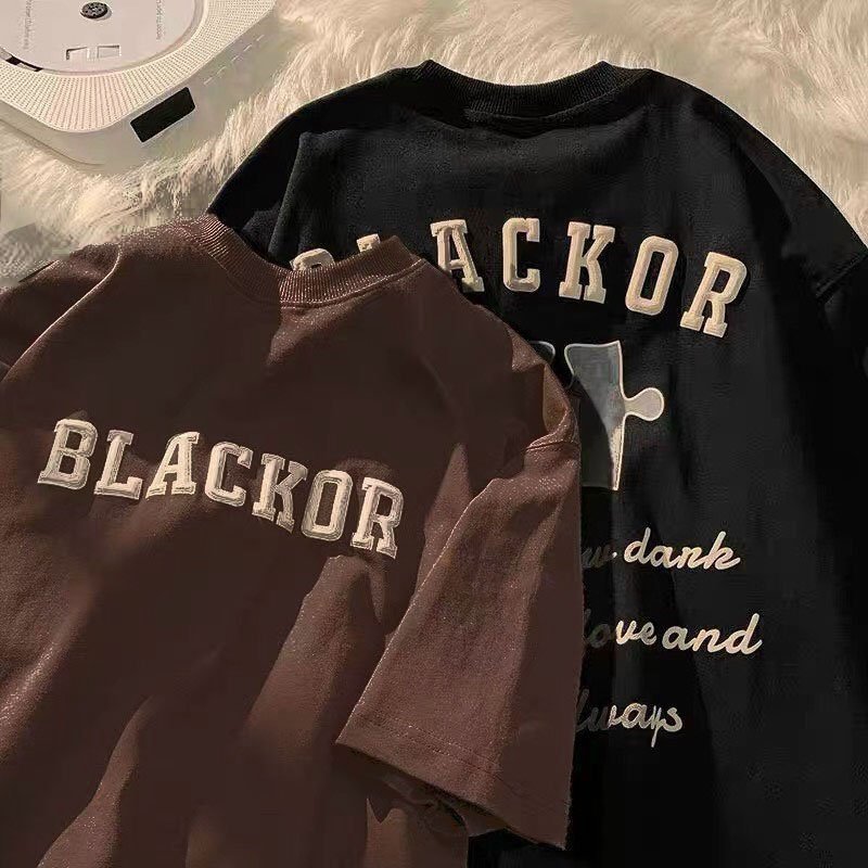 Áo phông nam nữ form rộng 2N Unisex thun cotton in chữ nổi BLACKOR màu nâu/đen