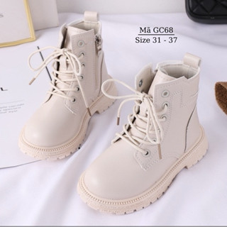 Giày dép trẻ em Boot da cổ ngắn bé trai bé gái màu trắng cột dây khóa kéo phong cách năng động cá tính 6 - 12 tuổi GC68