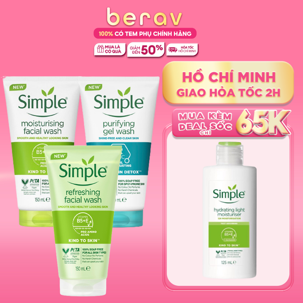 Sữa Rửa Mặt Simple Gel Kind To Skin Facial Wash Làm Sạch Da, Dưỡng Ẩm và Kiềm Dầu 150ml