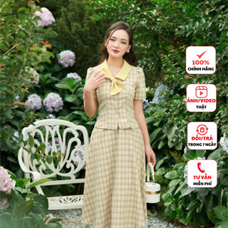 Áo sơ mi nữ FIONA dáng ôm áo kí giả họa tiết kẻ ô vuông cổ nơ màu vàng phong cách Hàn Quốc trẻ trung F513054